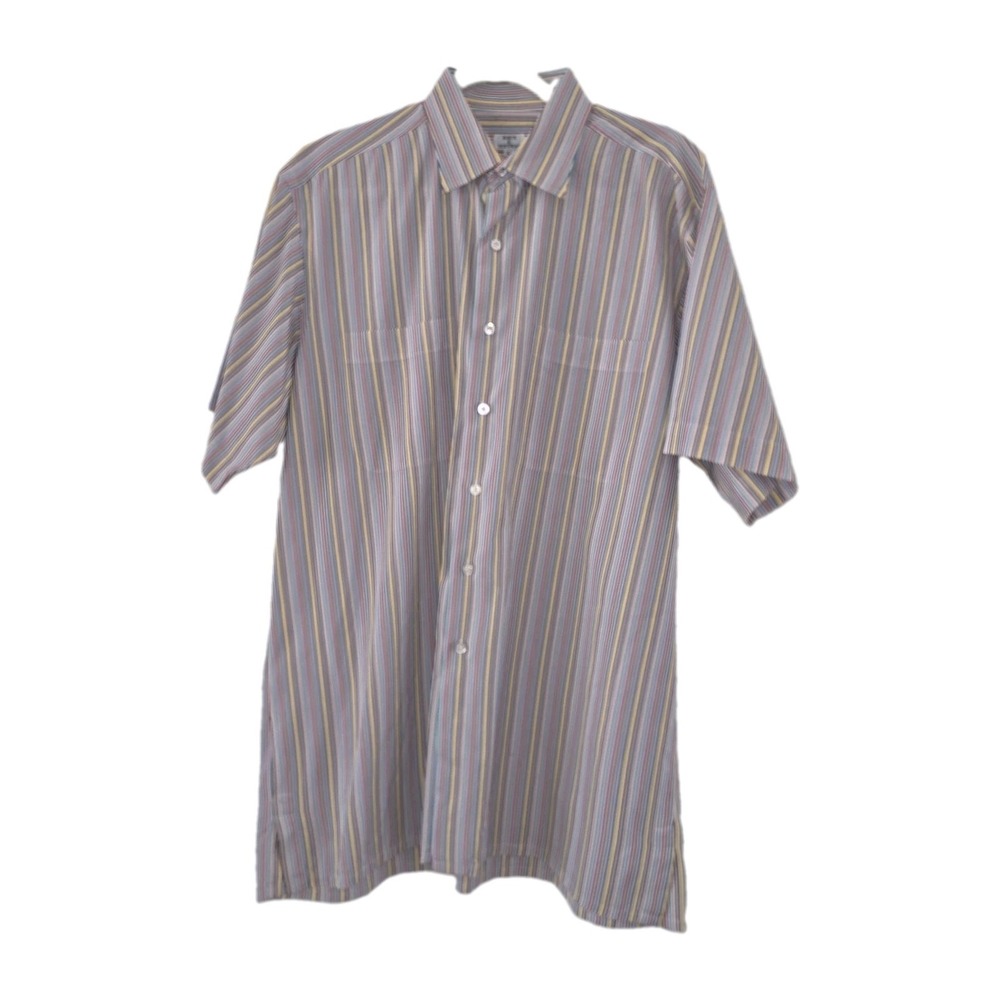 Maus & Hoffman Mens L Striped Cotton Button-Up Point Collar Pockets Short Sleeve